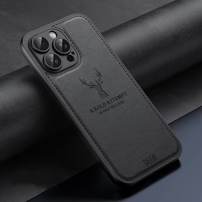 Luxury iPhone Case — Cloth Leather Deer Head Pattern Cover with Shockproof Soft Full-Coverage Protection, Anti-Fingerprint Matte Non-Slip Design