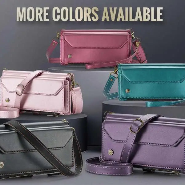 Luxury iPhone Case — RFID-Blocking PU Leather Wallet Cover with 7-Card Holder, Zipper Bill Compartment and Wristlet Shoulder Strap Design