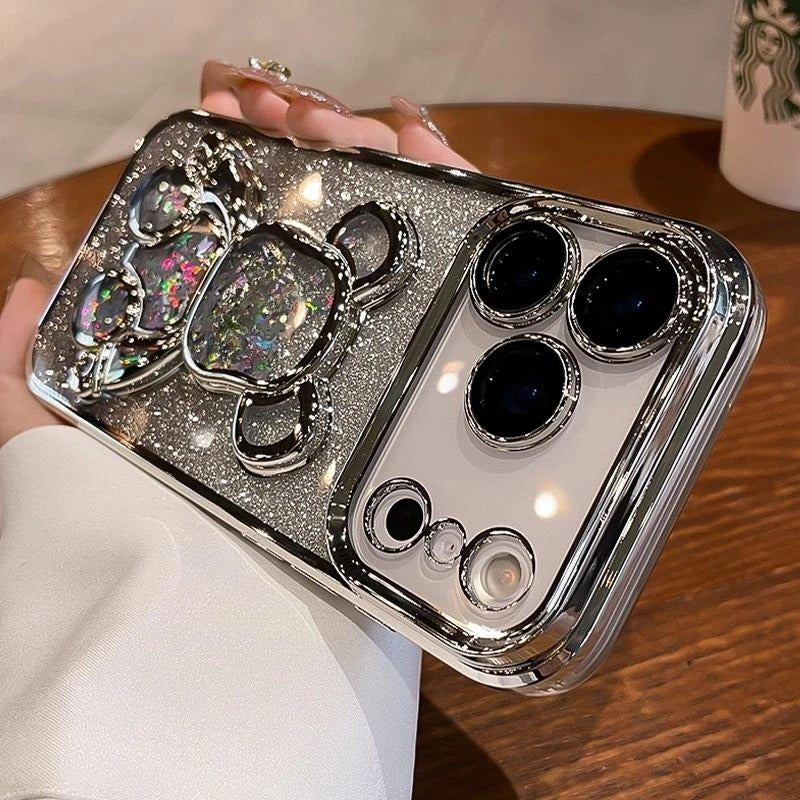 Luxury iPhone Case — Cute Quicksand Bear Glitter Cover with Plating Camera Protector, Shockproof Anti-Fingerprint Silicone & Non-Slip Soft Design