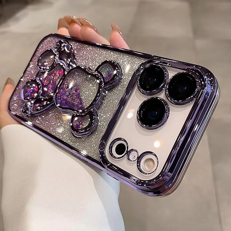 Luxury iPhone Case — Cute Quicksand Bear Glitter Cover with Plating Camera Protector, Shockproof Anti-Fingerprint Silicone & Non-Slip Soft Design
