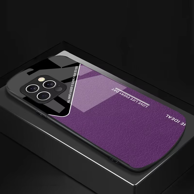 Luxury iPhone Case — Leather Grid Element Tempered-Glass Cover with PC+TPU Build, Full Screen & Lens Protection, Waterproof Anti-Fingerprint Design & Ultra-Thin Style