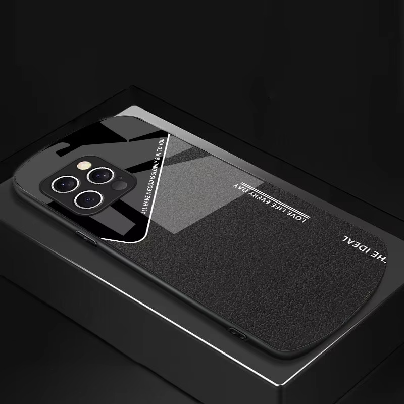 Luxury iPhone Case — Leather Grid Element Tempered-Glass Cover with PC+TPU Build, Full Screen & Lens Protection, Waterproof Anti-Fingerprint Design & Ultra-Thin Style