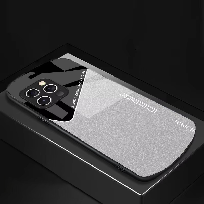 Luxury iPhone Case — Leather Grid Element Tempered-Glass Cover with PC+TPU Build, Full Screen & Lens Protection, Waterproof Anti-Fingerprint Design & Ultra-Thin Style