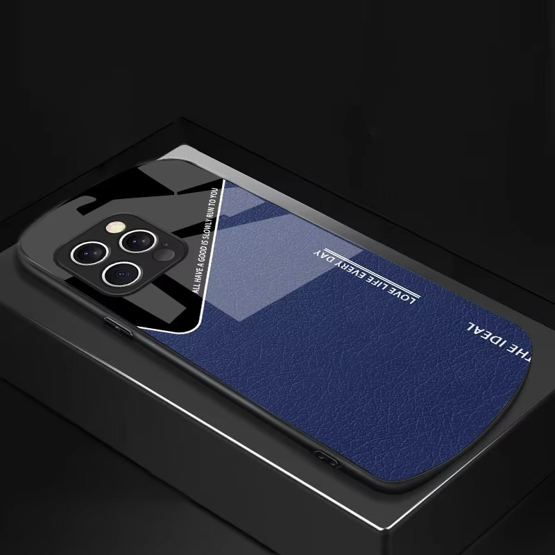 Luxury iPhone Case — Leather Grid Element Tempered-Glass Cover with PC+TPU Build, Full Screen & Lens Protection, Waterproof Anti-Fingerprint Design & Ultra-Thin Style