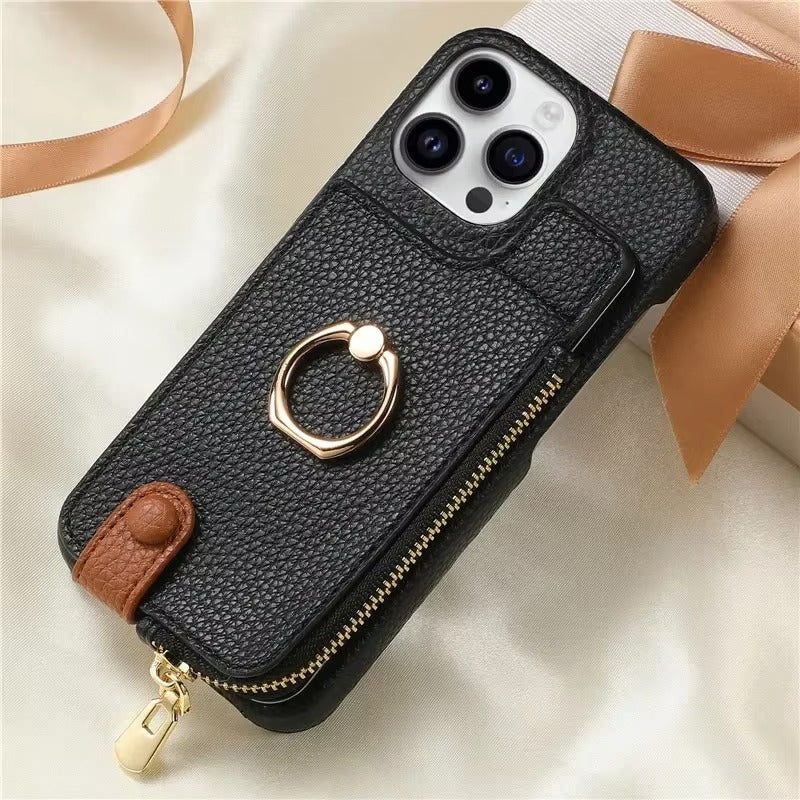 Luxury iPhone Leather Zipper Wallet Case — Card Holder Slot, Ring Kickstand Stand, Magnetic Closure, Shockproof Drop Protection, Anti-Fingerprint Design