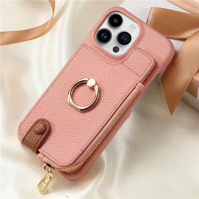 Luxury iPhone Leather Zipper Wallet Case — Card Holder Slot, Ring Kickstand Stand, Magnetic Closure, Shockproof Drop Protection, Anti-Fingerprint Design