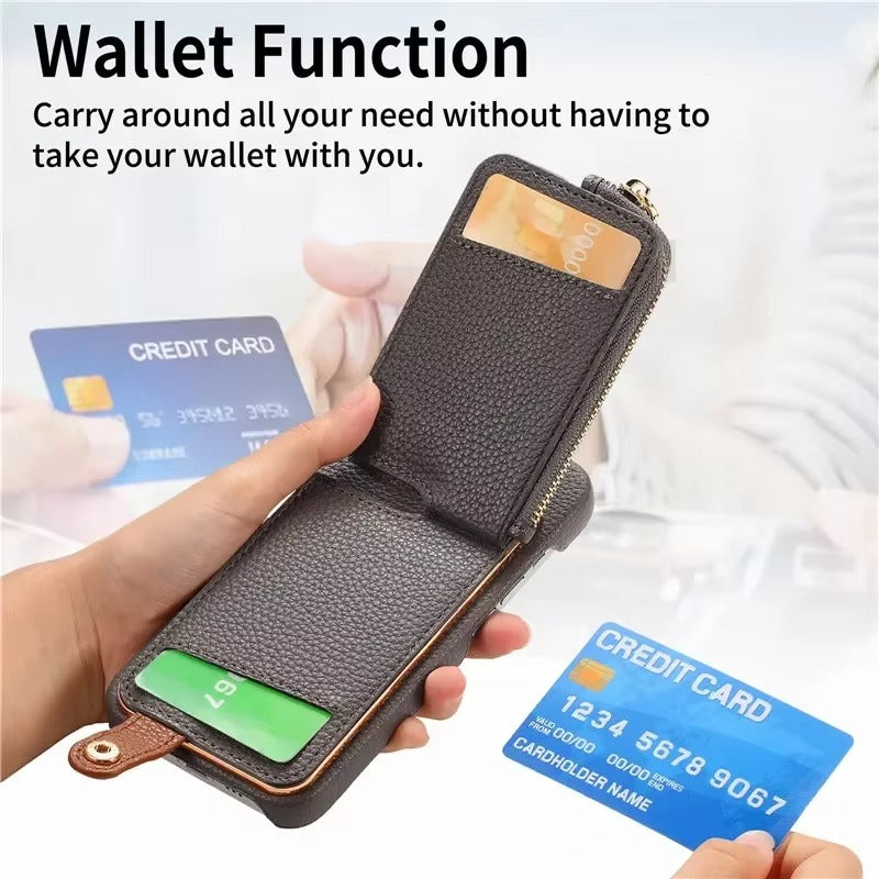 Luxury iPhone Leather Zipper Wallet Case — Card Holder Slot, Ring Kickstand Stand, Magnetic Closure, Shockproof Drop Protection, Anti-Fingerprint Design