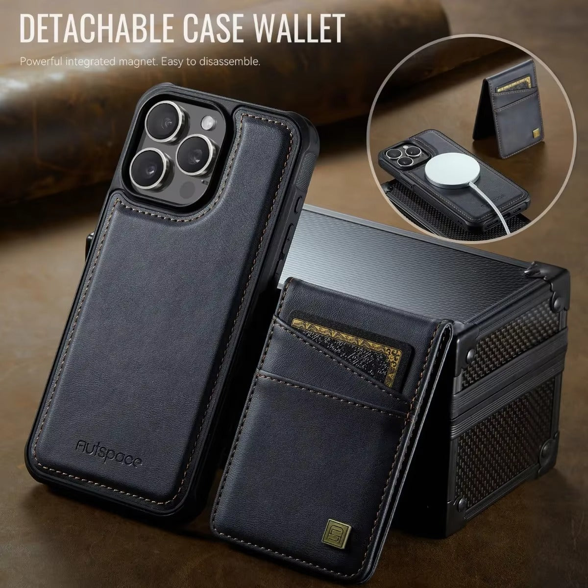 Luxury iPhone 2-in-1 Magnetic Wallet Case — Detachable Leather Cover with Card Holder, Wrist Strap, Shockproof Drop Protection, Full Access Design