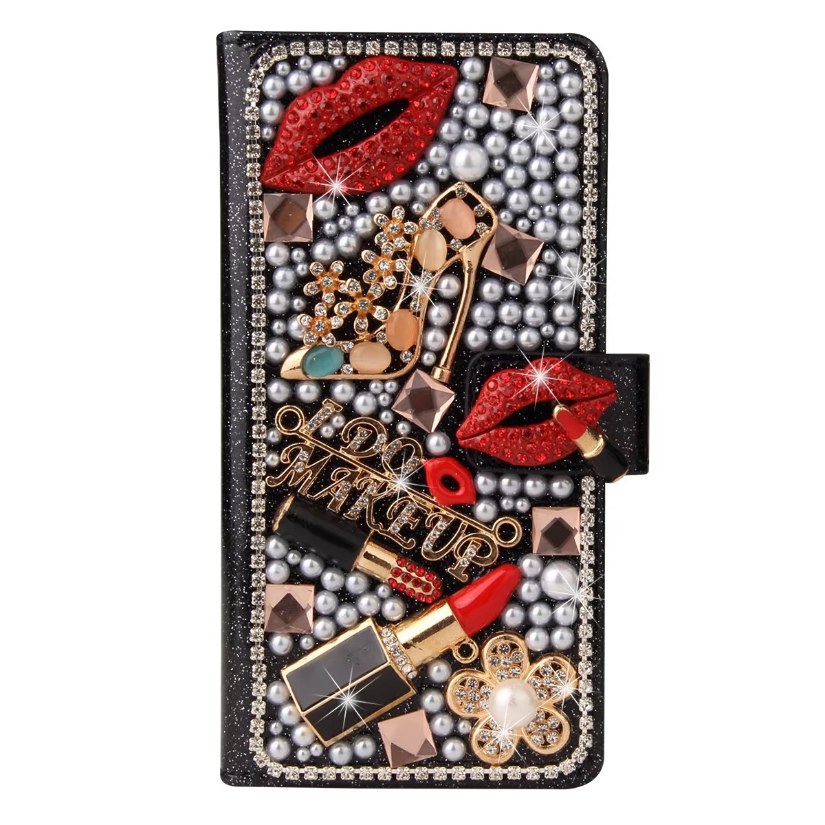 Luxury iPhone Bling Diamond Wallet Case — Flip Leather Cover with Rhinestone Lipstick Design, Card Slot Holder, Shockproof Protection, Stylish Sparkling Finish