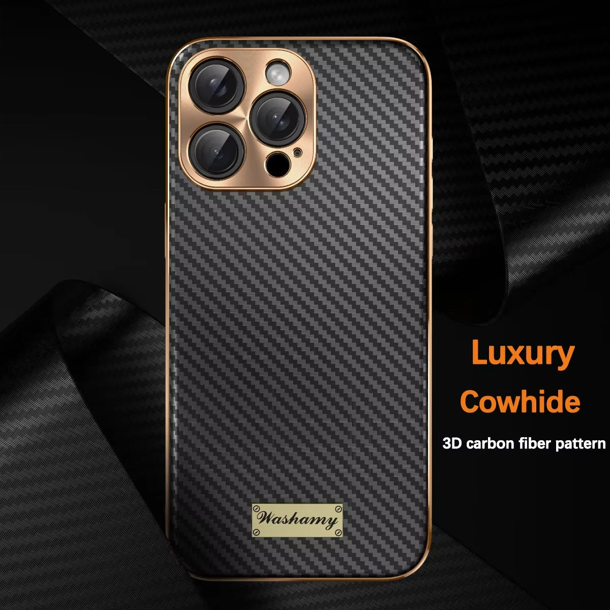 Luxury iPhone Case 3D Carbon Fiber Leather Cover — Plated Finish, Alloy Metal Lens Protection, Shockproof Non-Slip Design, Dustproof and Anti-Fingerprint