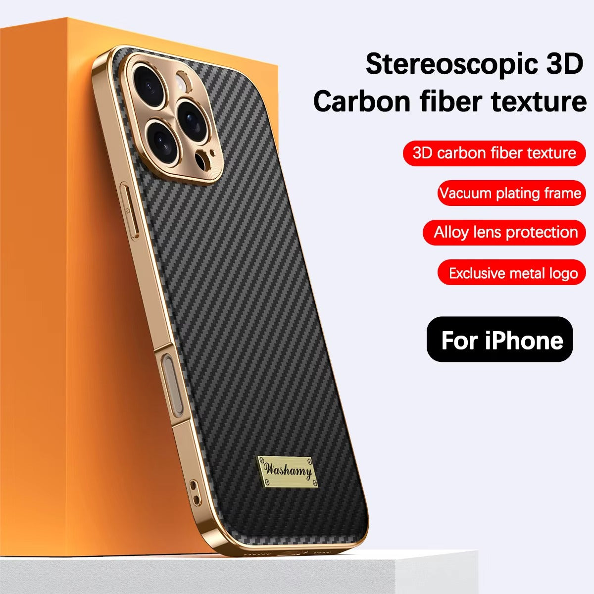 Luxury iPhone Case 3D Carbon Fiber Leather Cover — Plated Finish, Alloy Metal Lens Protection, Shockproof Non-Slip Design, Dustproof and Anti-Fingerprint