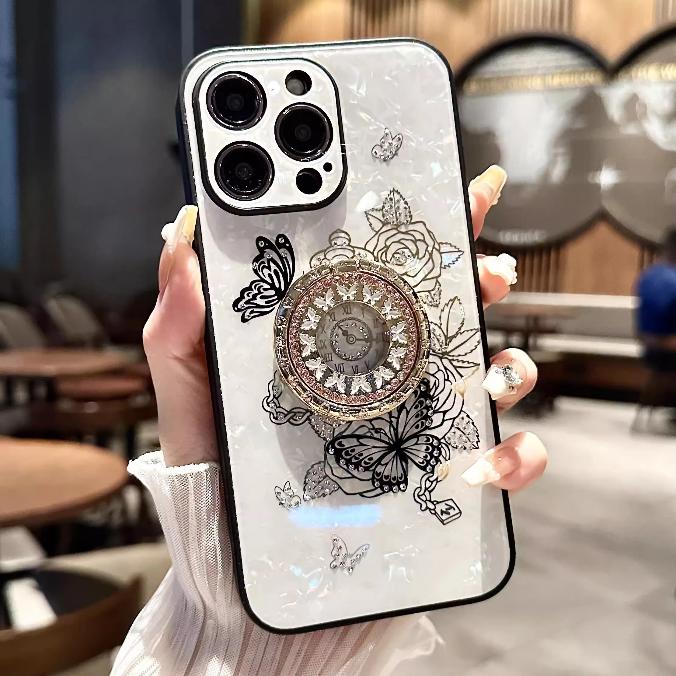 Luxury iPhone Case Butterfly Flower Pattern — Silicone Shockproof Cover with Diamond Ring Holder, Hard Protective Design, Anti-Fingerprint Scratch-Resistant Finish