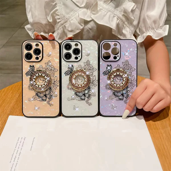 Luxury iPhone Case Butterfly Flower Pattern — Silicone Shockproof Cover with Diamond Ring Holder, Hard Protective Design, Anti-Fingerprint Scratch-Resistant Finish
