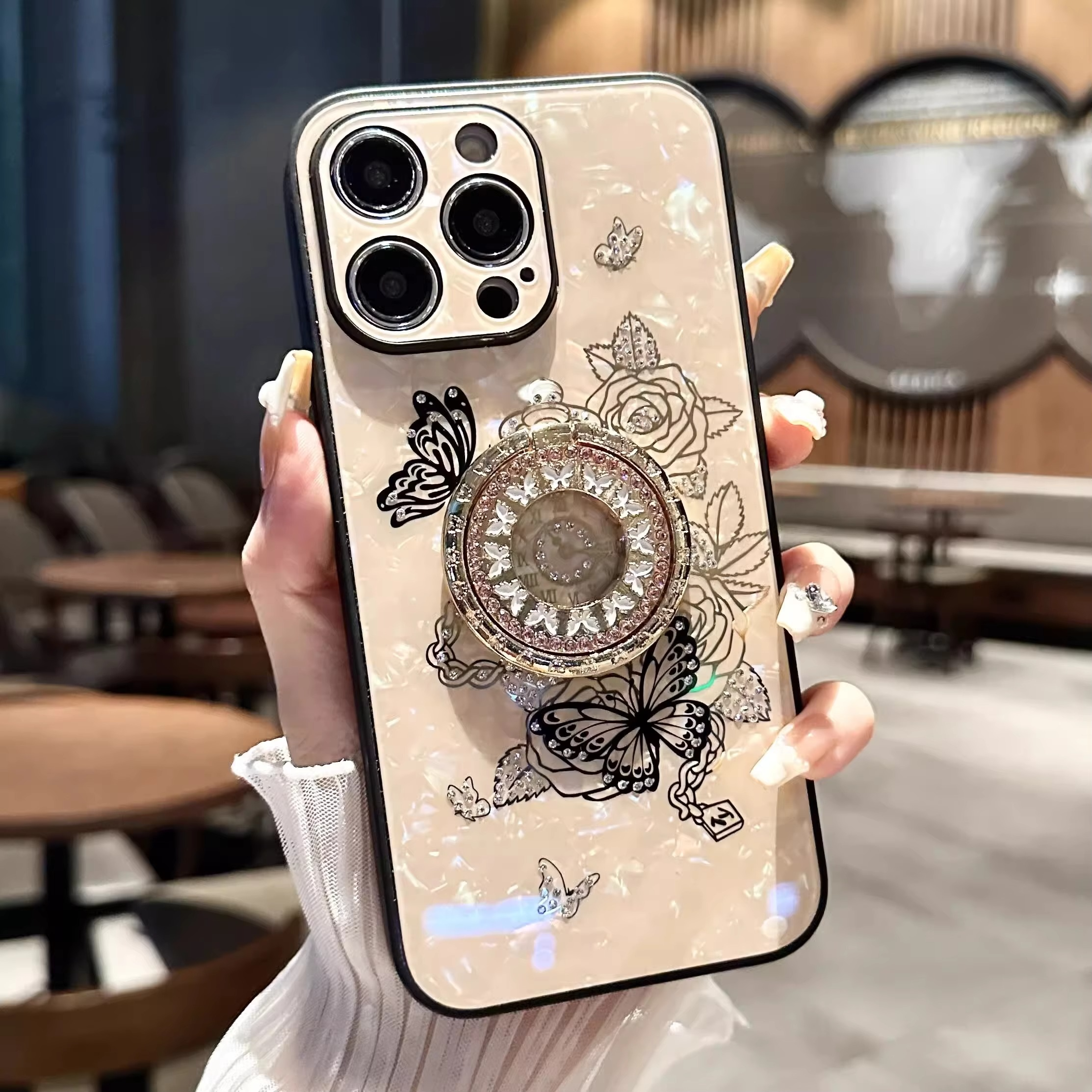 Luxury iPhone Case Butterfly Flower Pattern — Silicone Shockproof Cover with Diamond Ring Holder, Hard Protective Design, Anti-Fingerprint Scratch-Resistant Finish