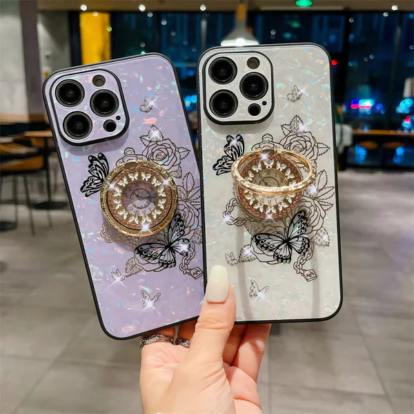 Luxury iPhone Case Butterfly Flower Pattern — Silicone Shockproof Cover with Diamond Ring Holder, Hard Protective Design, Anti-Fingerprint Scratch-Resistant Finish