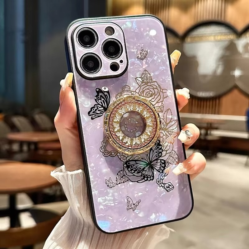 Luxury iPhone Case Butterfly Flower Pattern — Silicone Shockproof Cover with Diamond Ring Holder, Hard Protective Design, Anti-Fingerprint Scratch-Resistant Finish