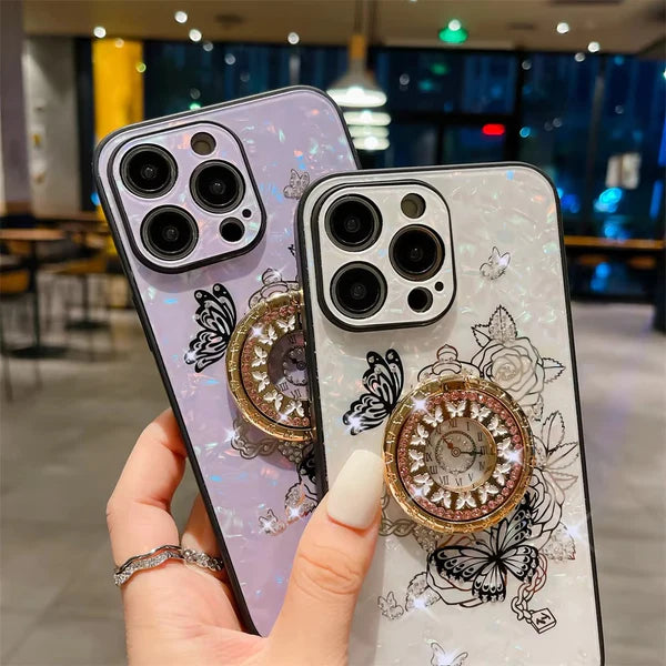 Luxury iPhone Case Butterfly Flower Pattern — Silicone Shockproof Cover with Diamond Ring Holder, Hard Protective Design, Anti-Fingerprint Scratch-Resistant Finish