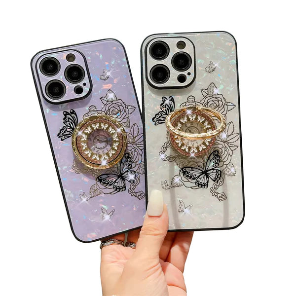 Luxury iPhone Case Butterfly Flower Pattern — Silicone Shockproof Cover with Diamond Ring Holder, Hard Protective Design, Anti-Fingerprint Scratch-Resistant Finish