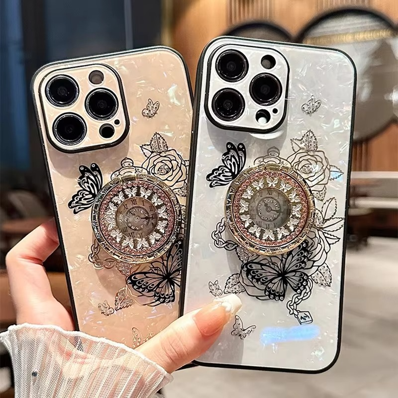 Luxury iPhone Case Butterfly Flower Pattern — Silicone Shockproof Cover with Diamond Ring Holder, Hard Protective Design, Anti-Fingerprint Scratch-Resistant Finish