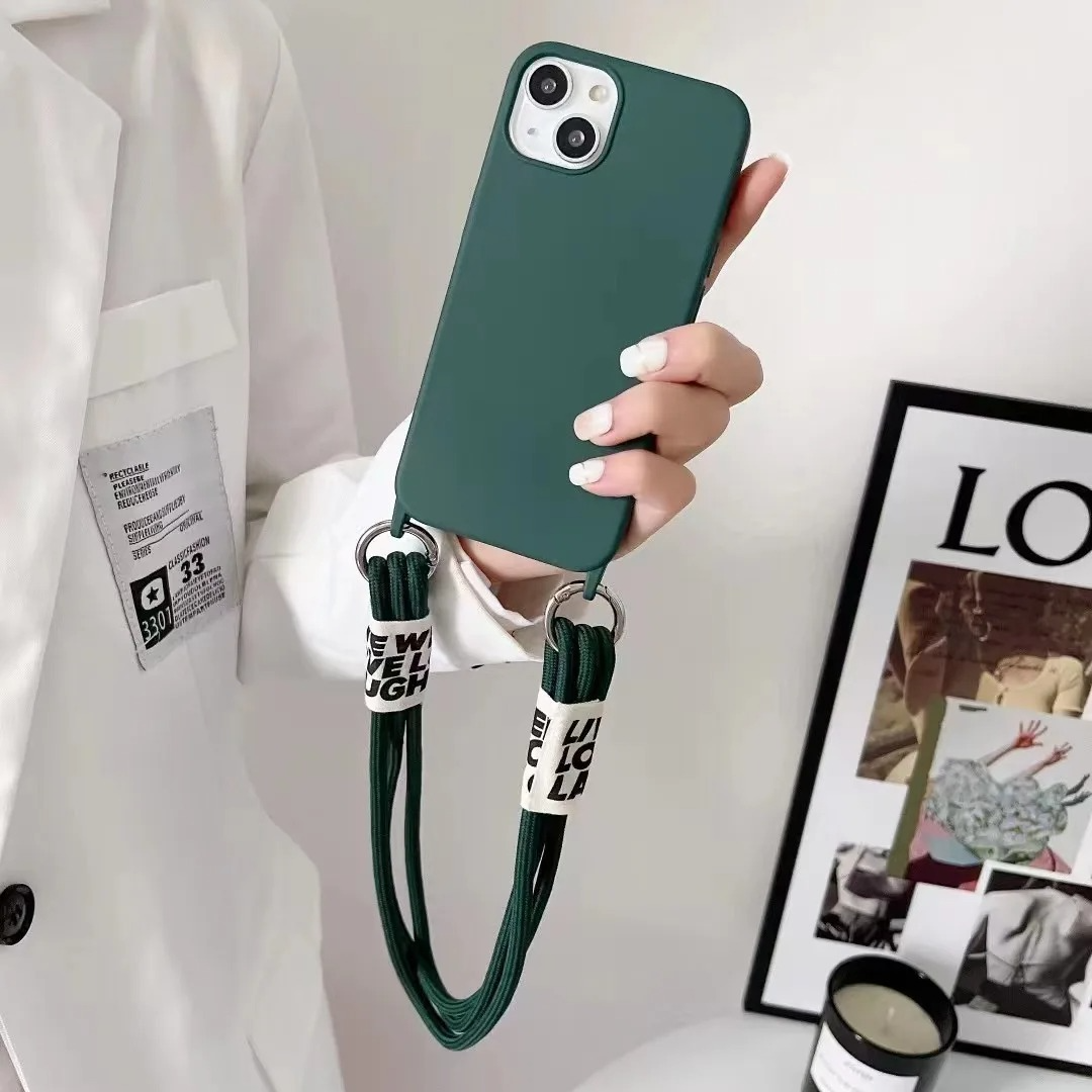 Luxury iPhone Case Crossbody Liquid Silicone — Matte Anti-Fingerprint Shockproof Cover with Lanyard, Full Edge Protection, Non-Slip