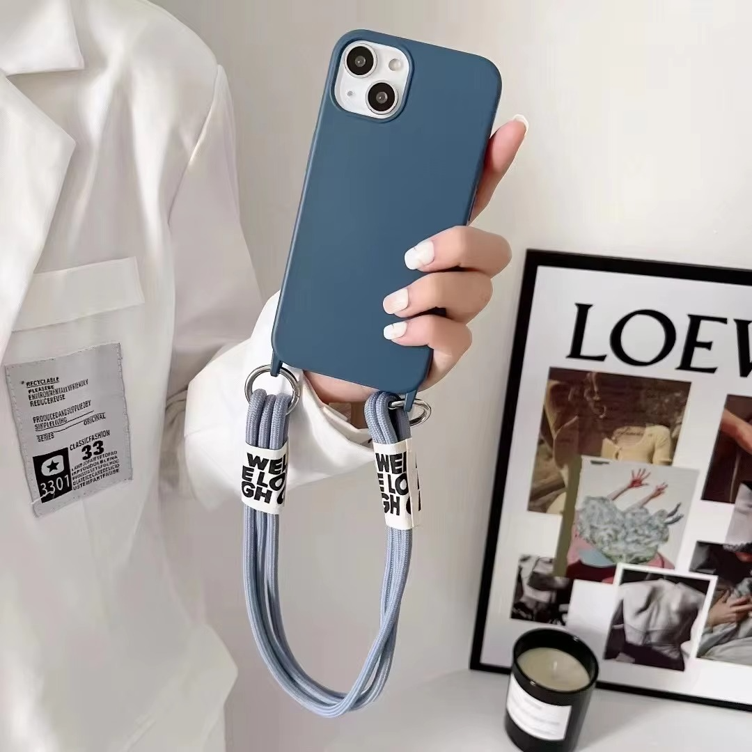 Luxury iPhone Case Crossbody Liquid Silicone — Matte Anti-Fingerprint Shockproof Cover with Lanyard, Full Edge Protection, Non-Slip