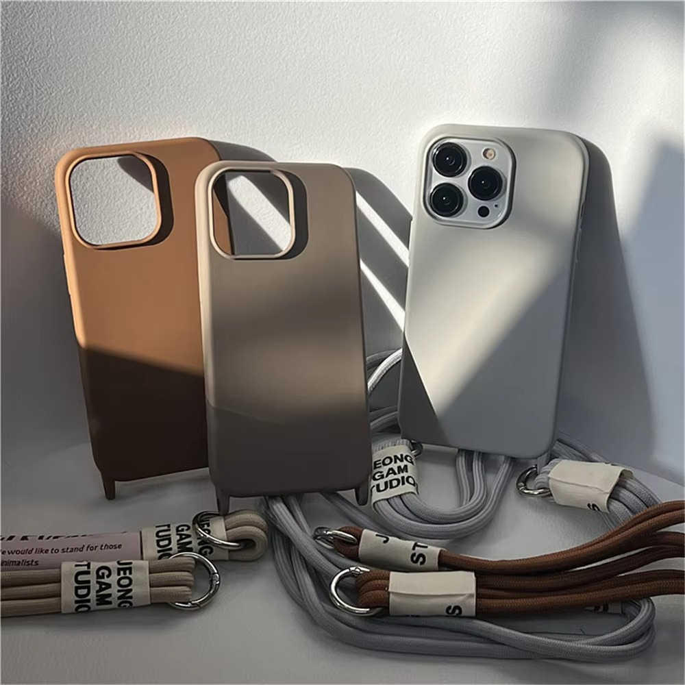 Luxury iPhone Case Crossbody Liquid Silicone — Matte Anti-Fingerprint Shockproof Cover with Lanyard, Full Edge Protection, Non-Slip