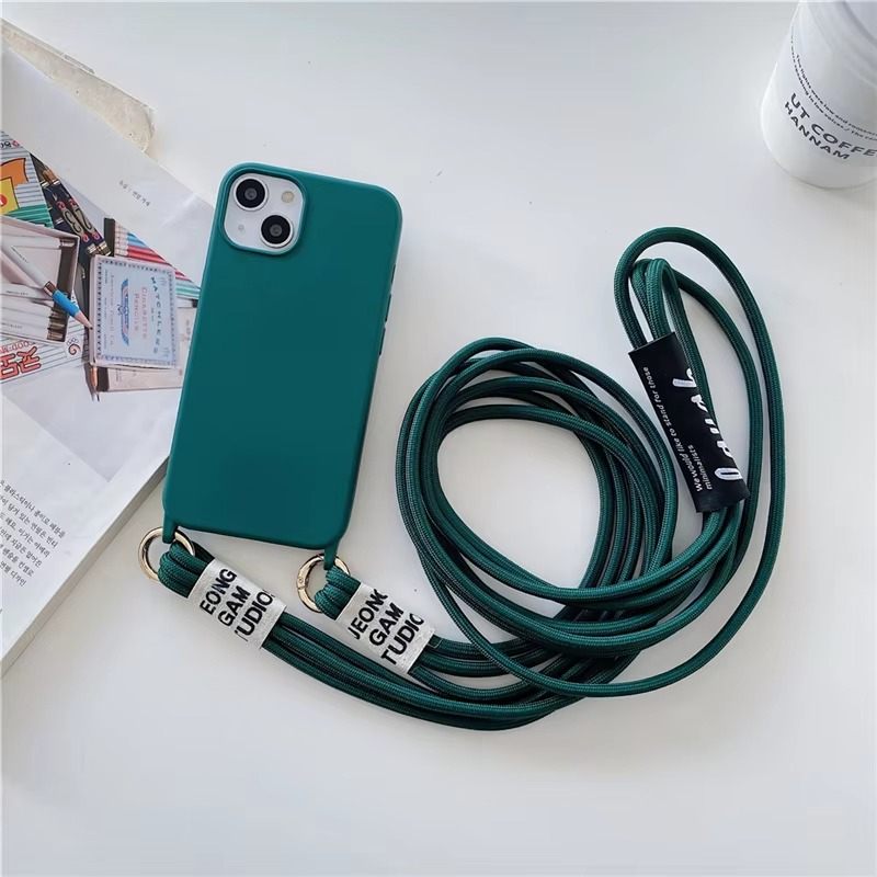 Luxury iPhone Case Crossbody Liquid Silicone — Matte Anti-Fingerprint Shockproof Cover with Lanyard, Full Edge Protection, Non-Slip