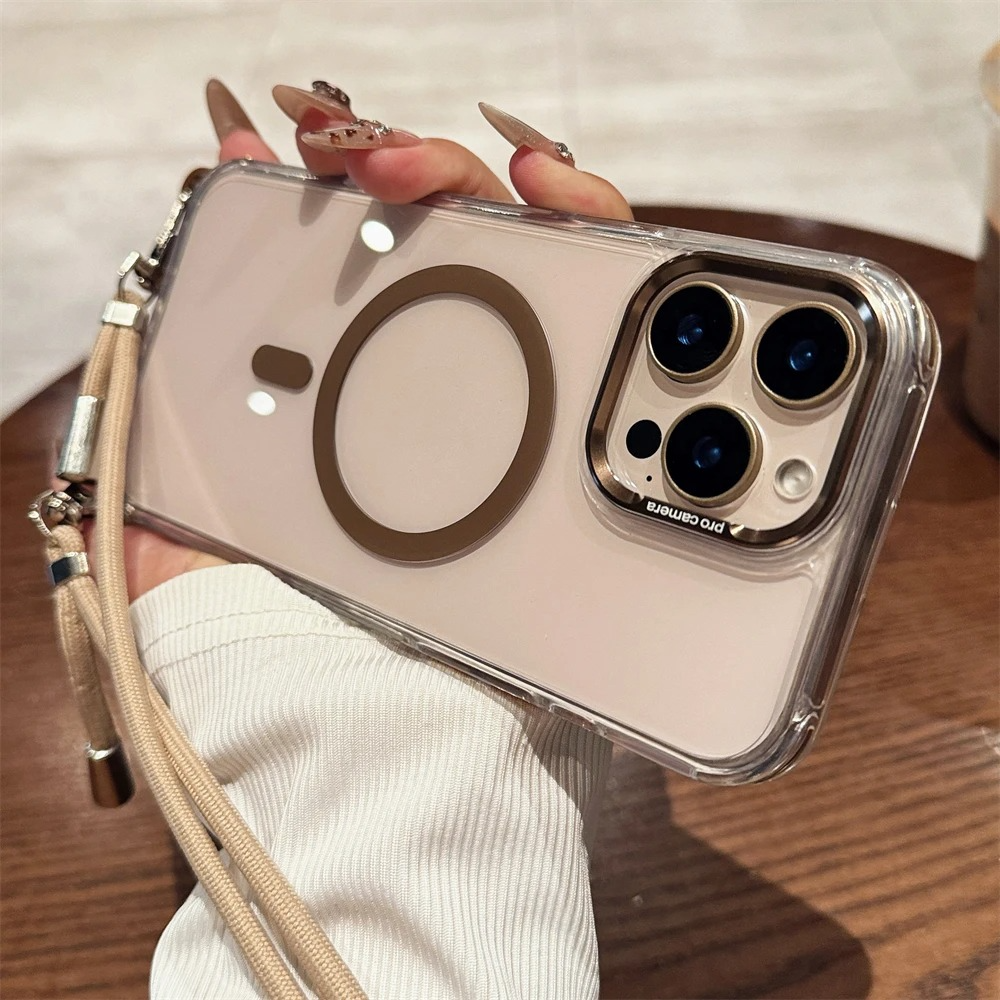 Luxury iPhone Case Crossbody Transparent Magnetic — Magsafe Compatible Shockproof Cover with Anti-Lost Lanyard, Anti-Fingerprint, Non-Slip