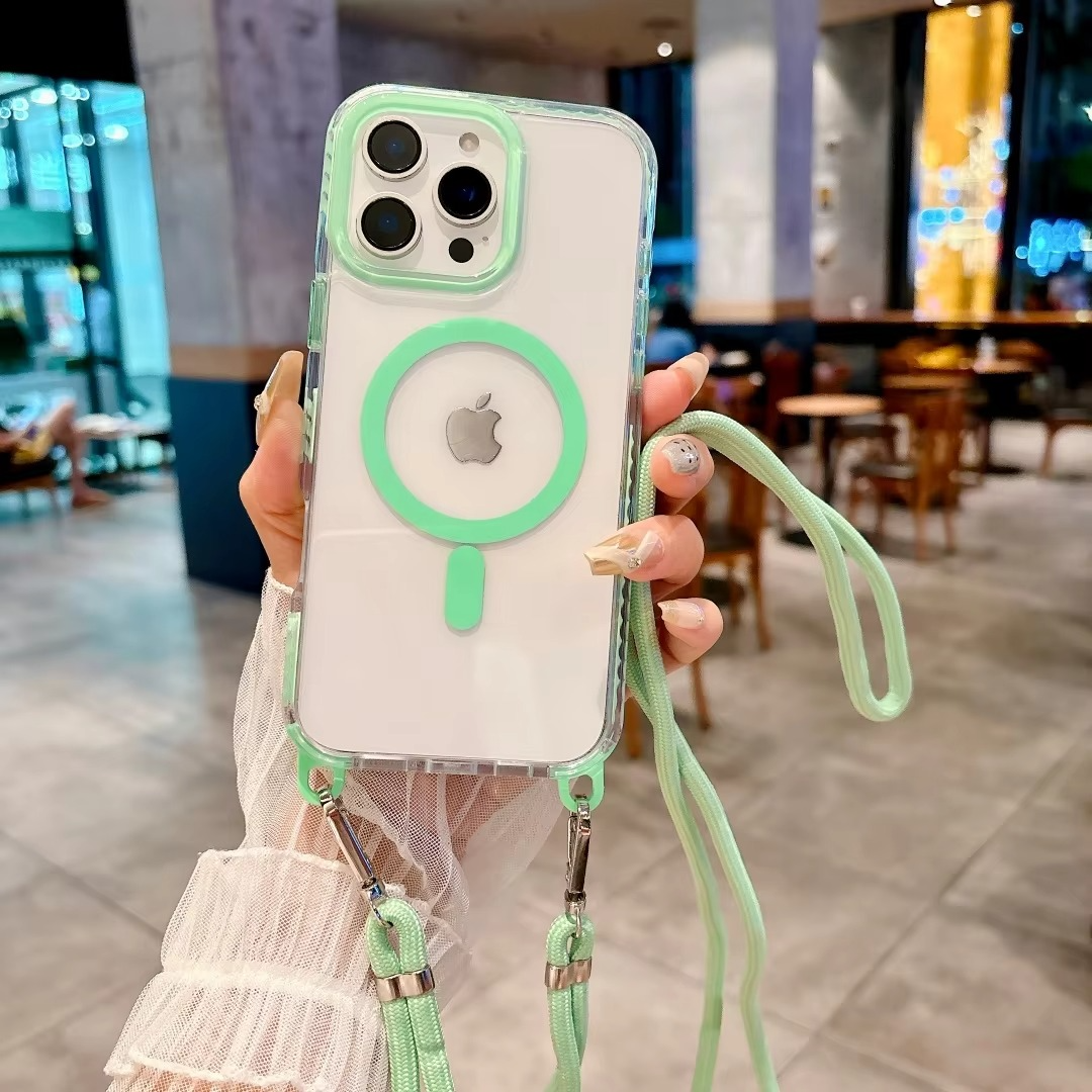 Luxury iPhone Case Crossbody Transparent Magnetic — Magsafe Compatible Shockproof Cover with Anti-Lost Lanyard, Anti-Fingerprint, Non-Slip