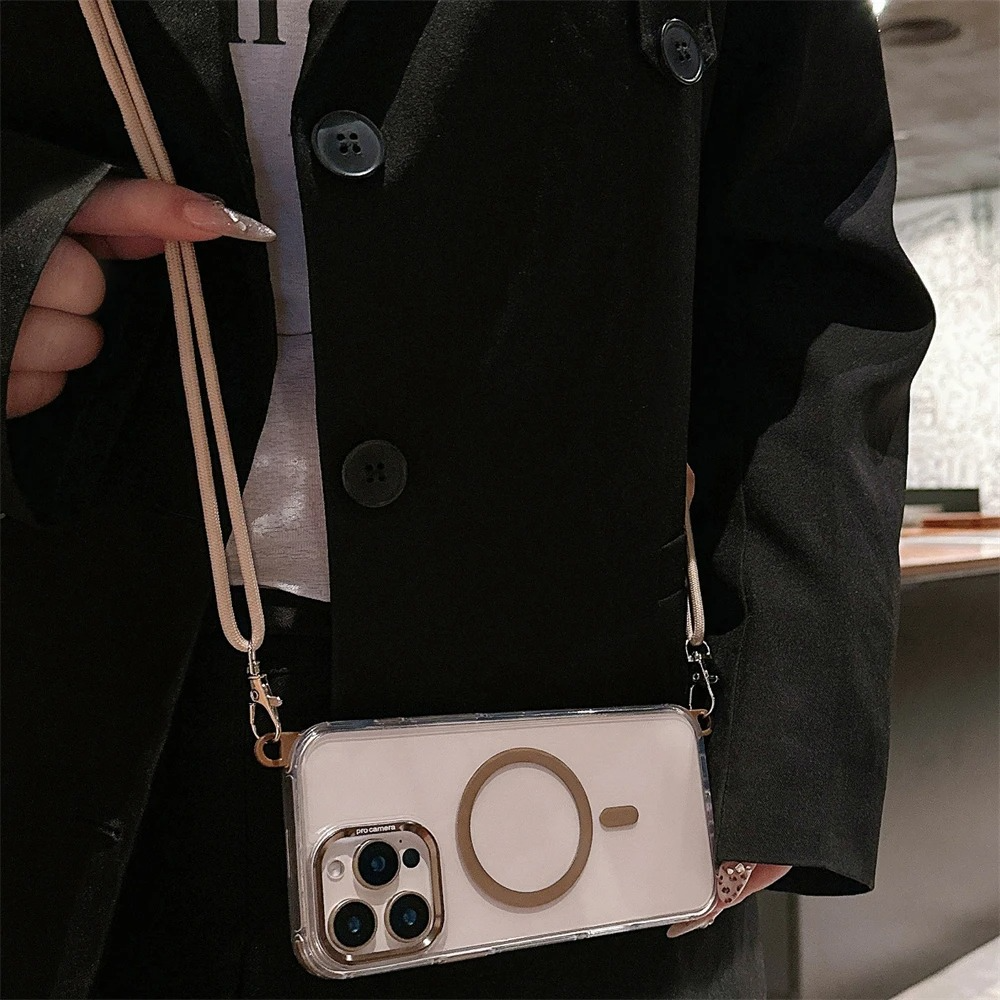 Luxury iPhone Case Crossbody Transparent Magnetic — Magsafe Compatible Shockproof Cover with Anti-Lost Lanyard, Anti-Fingerprint, Non-Slip