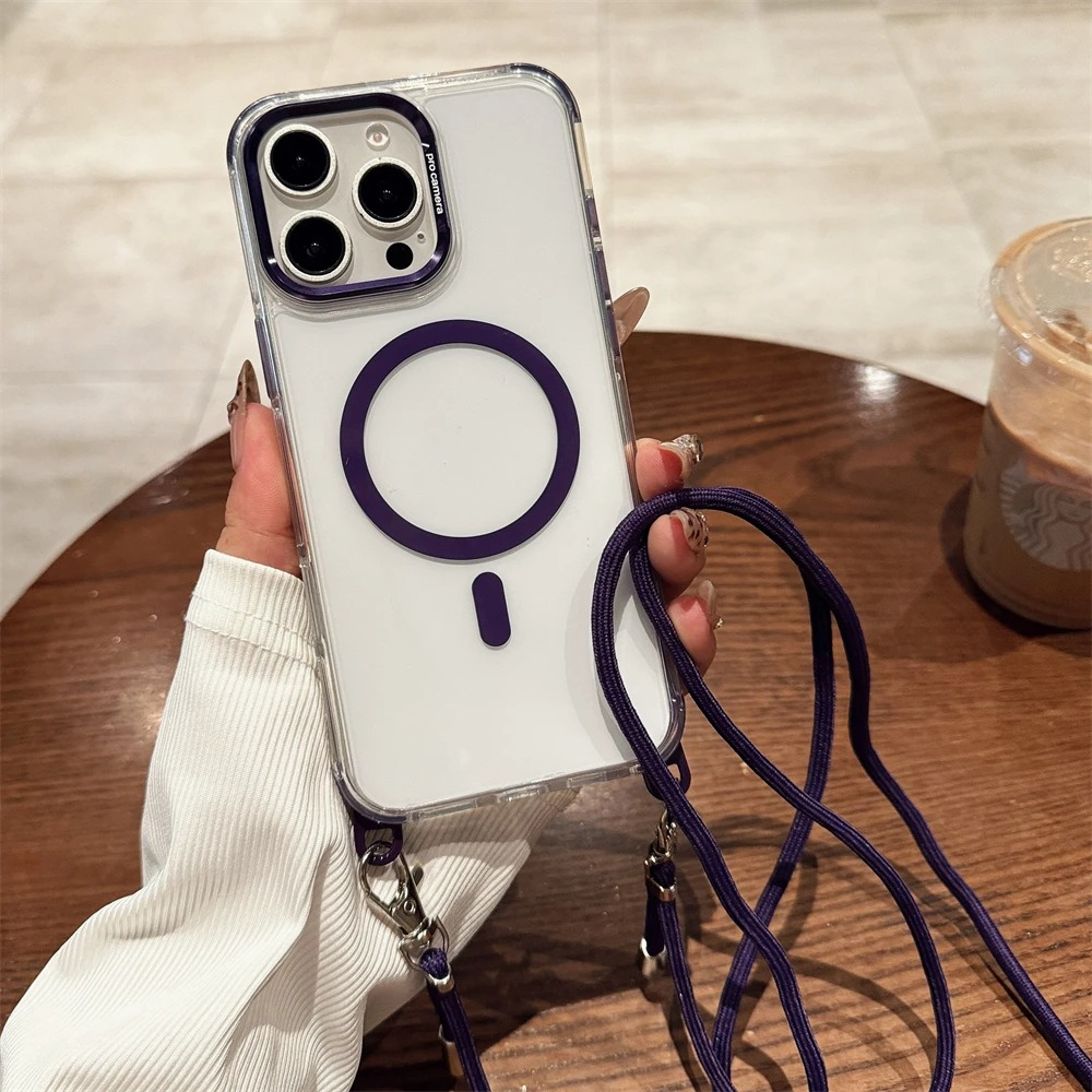 Luxury iPhone Case Crossbody Transparent Magnetic — Magsafe Compatible Shockproof Cover with Anti-Lost Lanyard, Anti-Fingerprint, Non-Slip