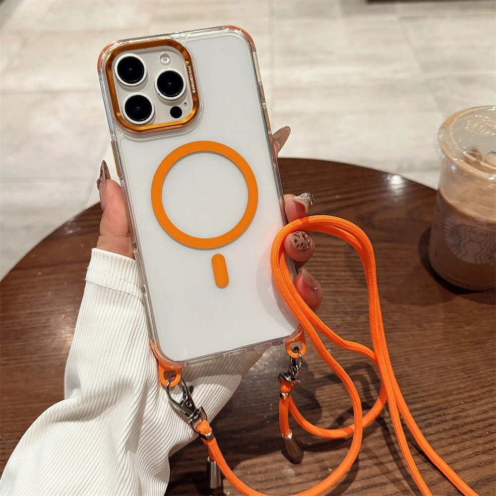 Luxury iPhone Case Crossbody Transparent Magnetic — Magsafe Compatible Shockproof Cover with Anti-Lost Lanyard, Anti-Fingerprint, Non-Slip