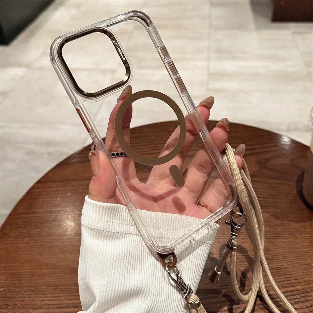 Luxury iPhone Case Crossbody Transparent Magnetic — Magsafe Compatible Shockproof Cover with Anti-Lost Lanyard, Anti-Fingerprint, Non-Slip