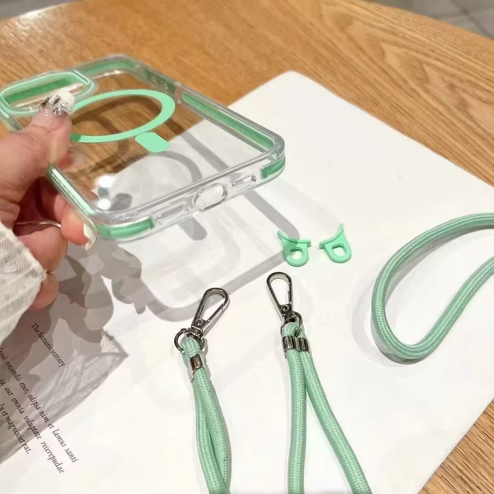 Luxury iPhone Case Crossbody Transparent Magnetic — Magsafe Compatible Shockproof Cover with Anti-Lost Lanyard, Anti-Fingerprint, Non-Slip