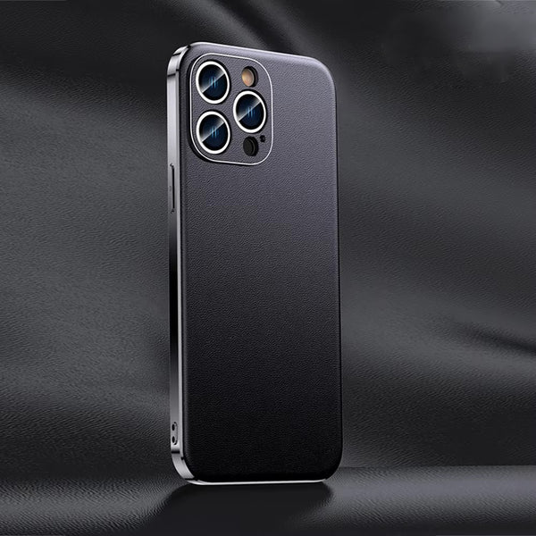 Luxury iPhone Case Genuine Cowhide Leather Back Cover — Full Camera Lens Protection, Plated Edges, Anti-Fingerprint Matte Finish, Wireless Charging Compatible