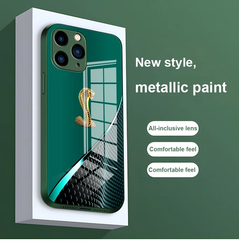 Luxury iPhone Case Gradient Golden Snake Design — Tempered Glass Back Cover with TPU Frame, Slim Shockproof Protection, Anti-Fingerprint Scratch-Resistant Finish