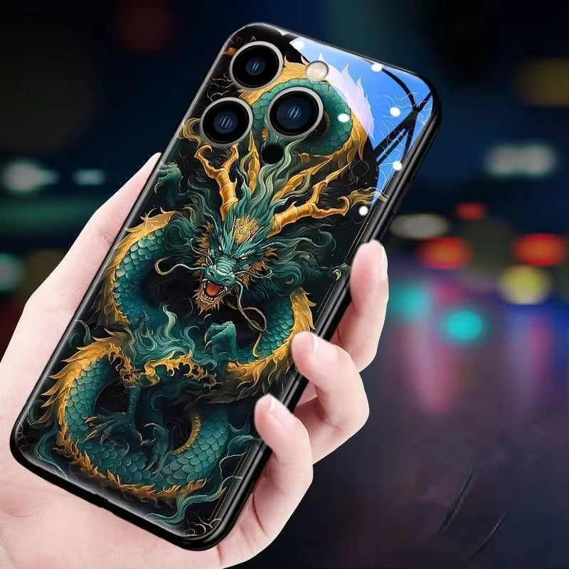 Luxury iPhone Case Green Dragon LED Light Cover — Smart Sound Control Glowing Design, Tempered Glass Back, Shockproof Anti-Fingerprint Full Coverage Protection