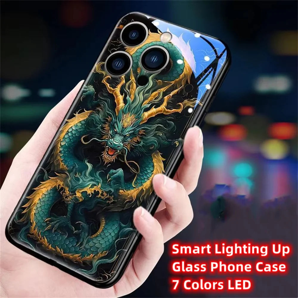 Luxury iPhone Case Green Dragon LED Light Cover — Smart Sound Control Glowing Design, Tempered Glass Back, Shockproof Anti-Fingerprint Full Coverage Protection