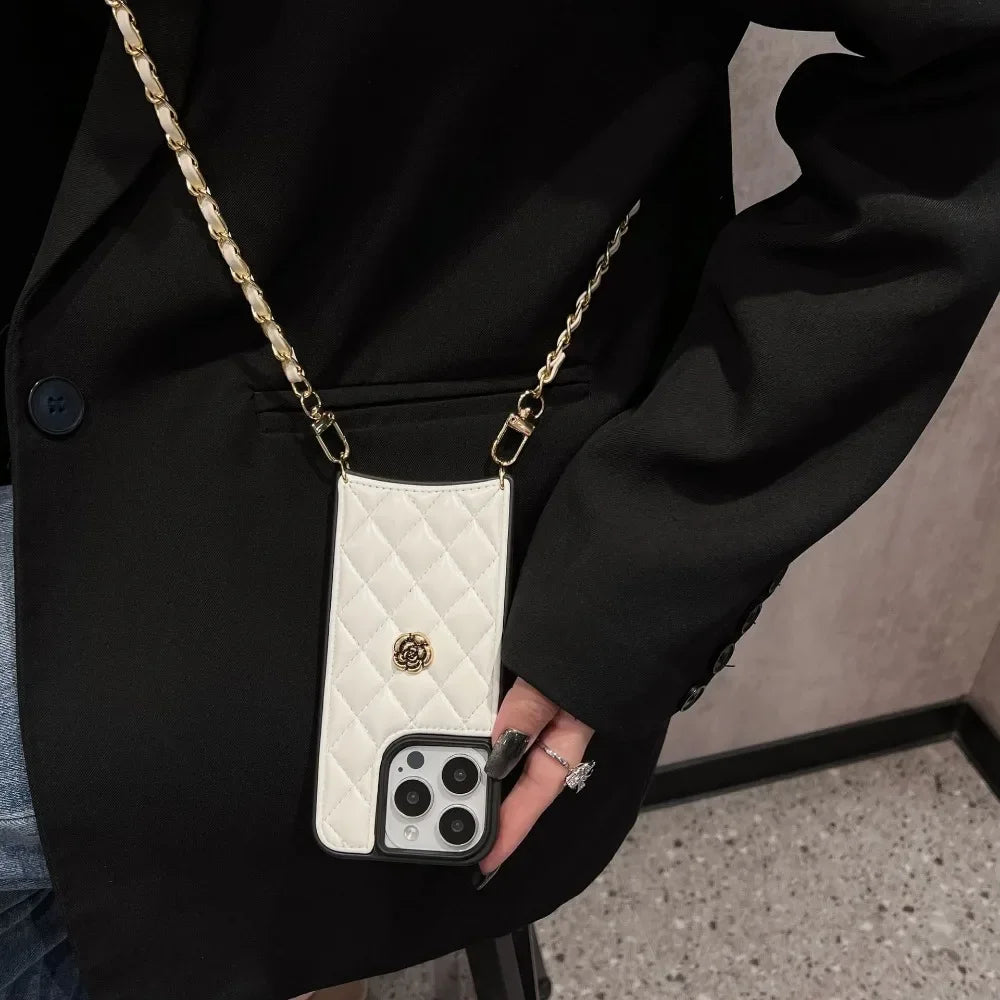 Luxury iPhone Case Leather Cover with Chain — High Quality Protective Design, Card Pocket Holder, Shockproof Anti-Fingerprint Scratch-Resistant Finish