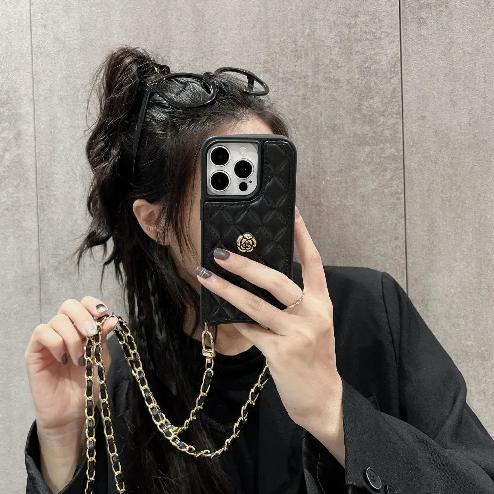 Luxury iPhone Case Leather Cover with Chain — High Quality Protective Design, Card Pocket Holder, Shockproof Anti-Fingerprint Scratch-Resistant Finish