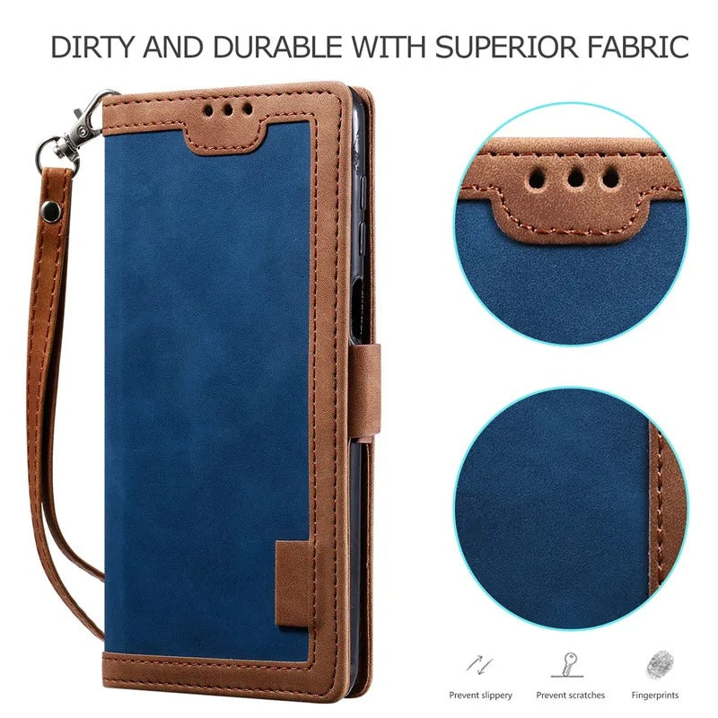 Luxury iPhone Case Leather Wallet Flip Cover — Hand Strap Design, Card Slots Holder, Shockproof Protection, Stylish and Functional Phone Case