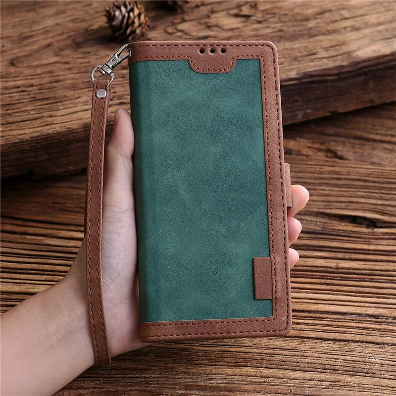 Luxury iPhone Case Leather Wallet Flip Cover — Hand Strap Design, Card Slots Holder, Shockproof Protection, Stylish and Functional Phone Case