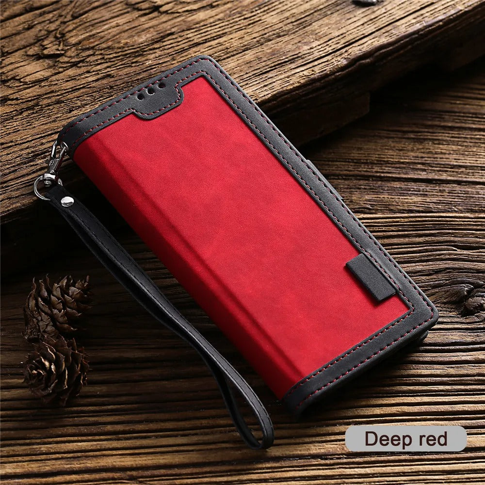 Luxury iPhone Case Leather Wallet Flip Cover — Hand Strap Design, Card Slots Holder, Shockproof Protection, Stylish and Functional Phone Case