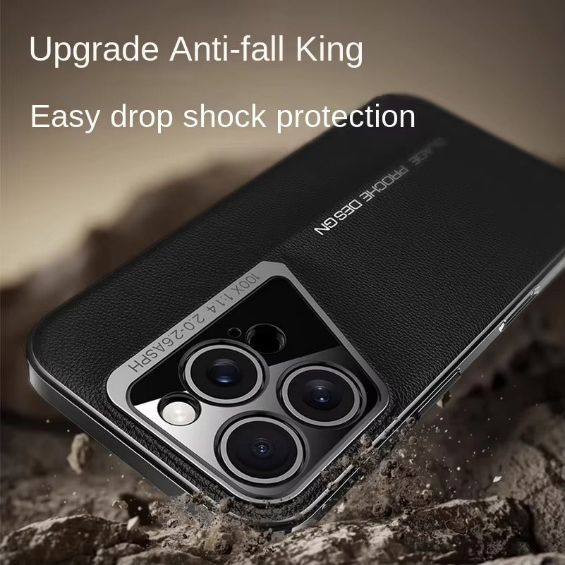 Luxury iPhone Case MagSafe Compatible Camera Lens Protection — Vegan PU Leather Cover, Electroplated Metal Frame, Slim Drop-Proof Business Style