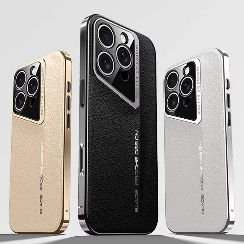 Luxury iPhone Case MagSafe Compatible Camera Lens Protection — Vegan PU Leather Cover, Electroplated Metal Frame, Slim Drop-Proof Business Style