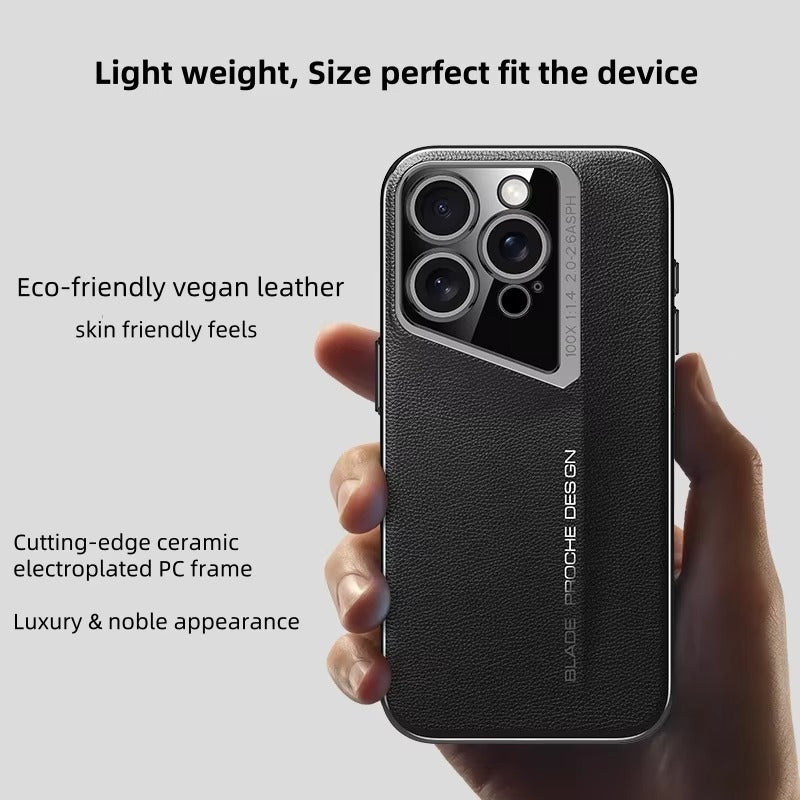 Luxury iPhone Case MagSafe Compatible Camera Lens Protection — Vegan PU Leather Cover, Electroplated Metal Frame, Slim Drop-Proof Business Style