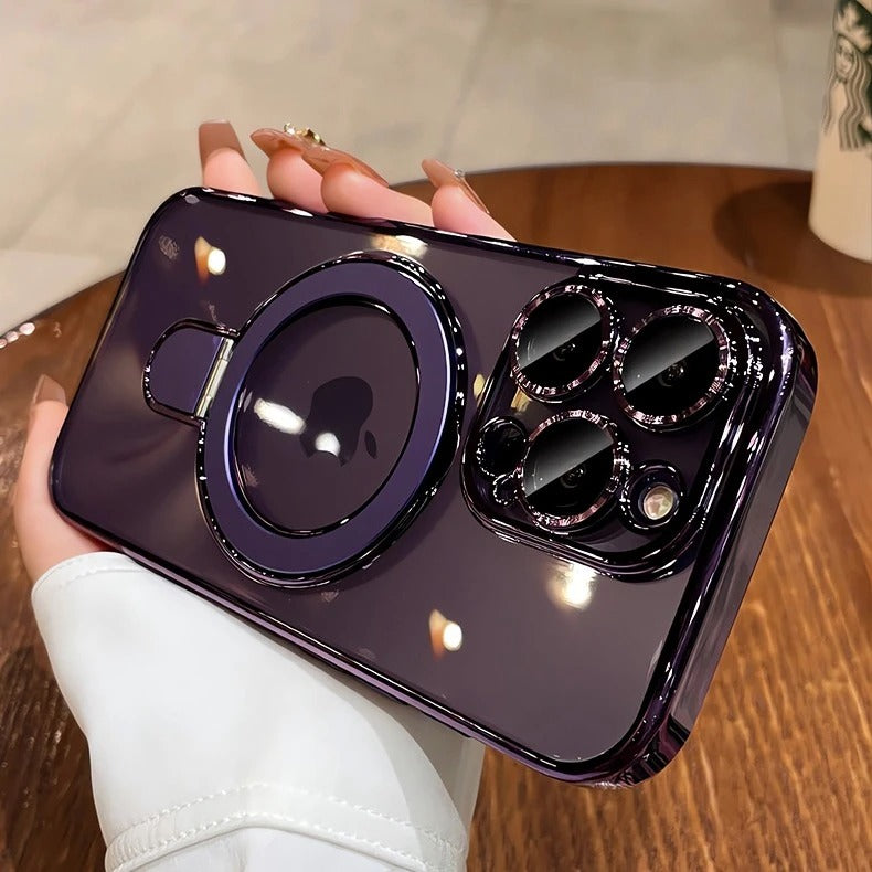 Luxury iPhone Case MagSafe Compatible Clear Acrylic Cover — Plating Finish with Magnetic Stand Holder, Lens Protector, Slim Shockproof Anti-Fingerprint Design