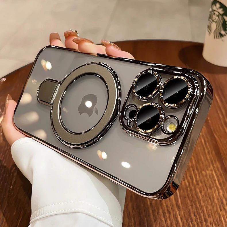 Luxury iPhone Case MagSafe Compatible Clear Acrylic Cover — Plating Finish with Magnetic Stand Holder, Lens Protector, Slim Shockproof Anti-Fingerprint Design