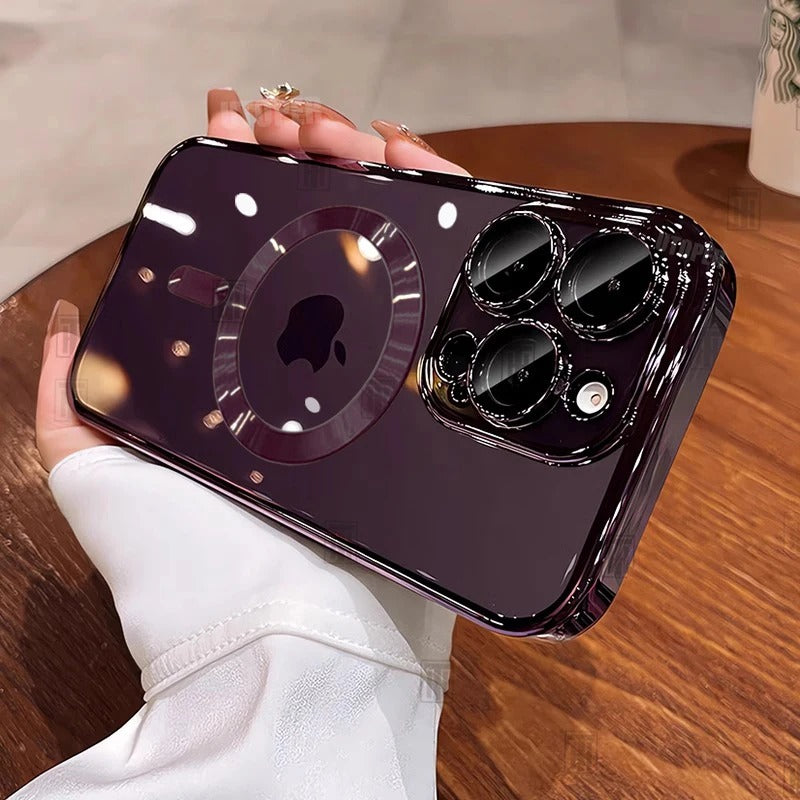 Luxury iPhone Case MagSafe Compatible Clear Back Cover — Desert Gold Frame, Magnetic Lens Protection, Soft Shockproof Design, Slim Scratch-Resistant Finish