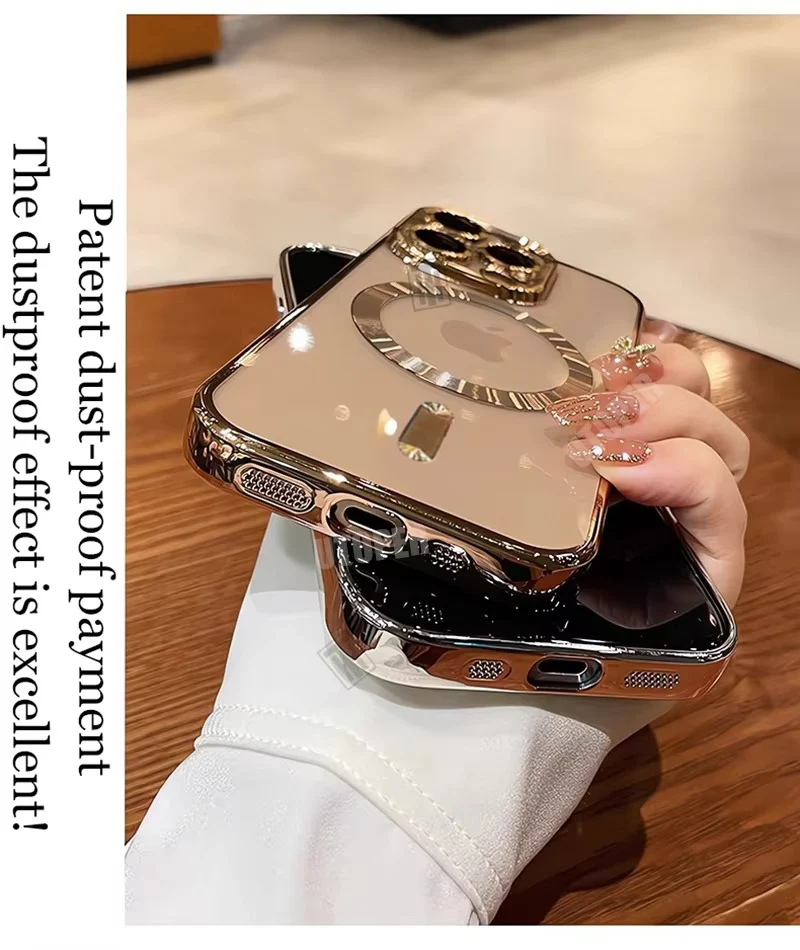 Luxury iPhone Case MagSafe Compatible Clear Back Cover — Desert Gold Frame, Magnetic Lens Protection, Soft Shockproof Design, Slim Scratch-Resistant Finish